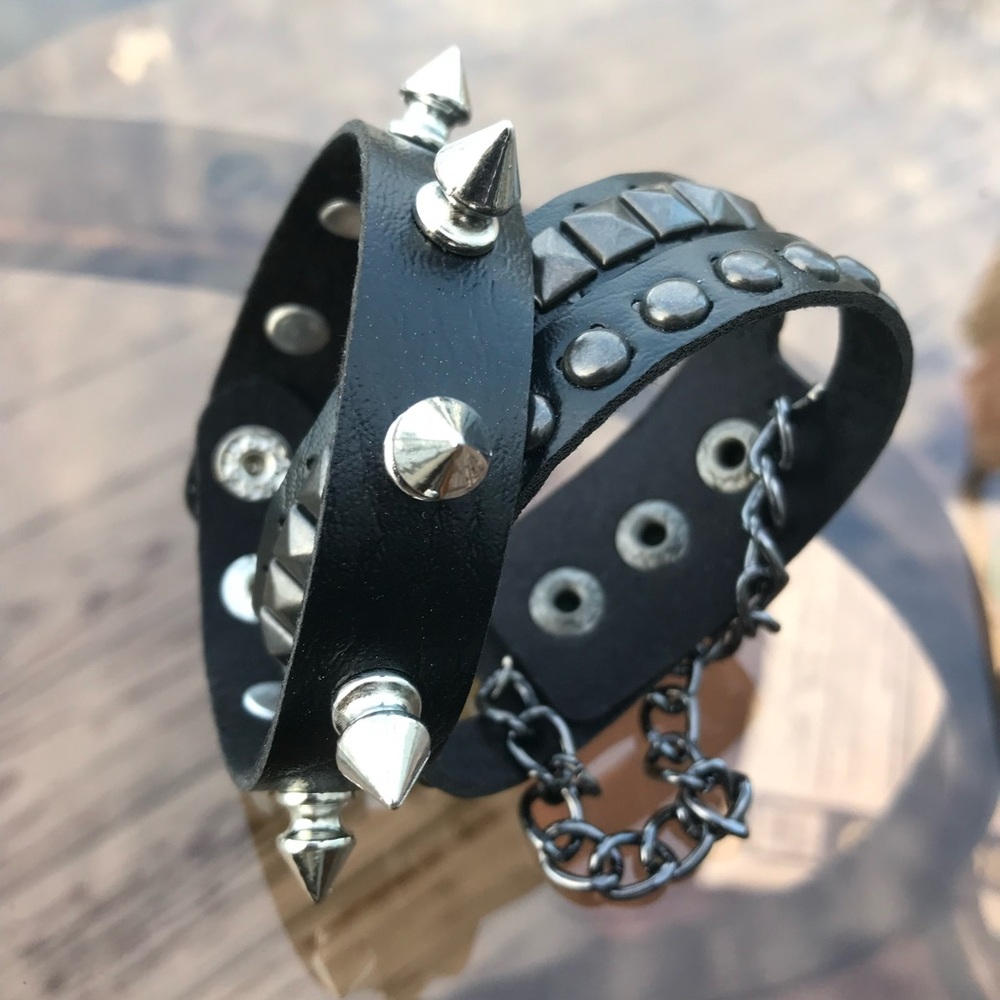 2 pcs Gothic  Spike chain  faux leather Studded Chain  punk bracelet emo